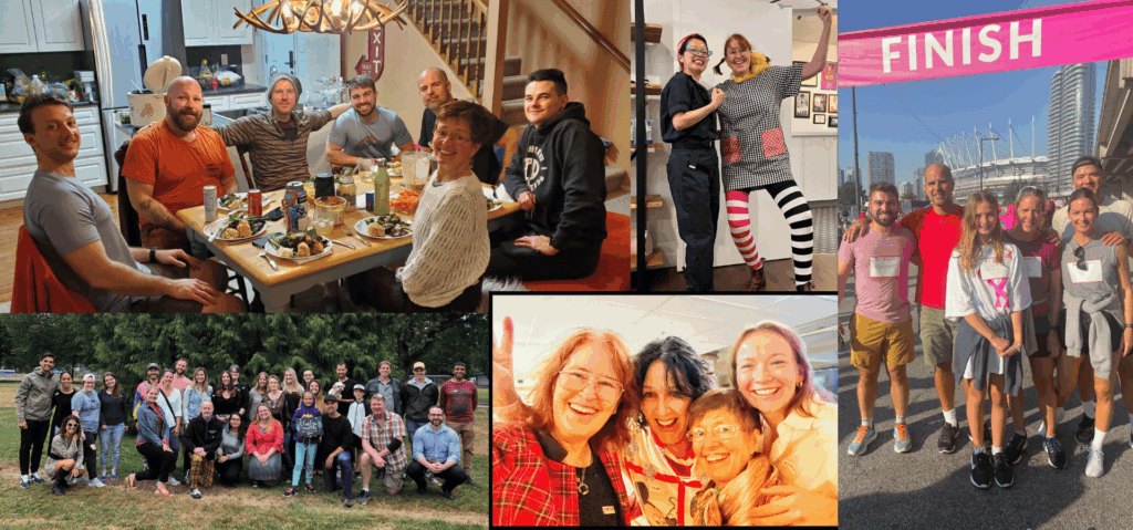 Collage of the Electra Health team at a dinner, a group picnic, a fun run and other clinic events